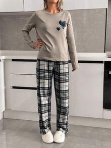 EURMUSE 棉质 2 件格子赫拉特印花长袖衬衫和格子印花长裤休闲套装 - 米色 - 查看 5