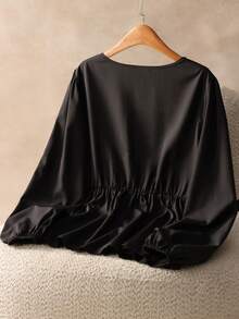 Elaquor Plus Size Women Casual Cinched Waist Top - Black - View 2