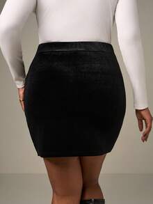 SHEIN Tall CURVE Váy ôm sát bodycon cạp cao viền hoa tulip cỡ lớn, váy quấn thanh lịch mini bó sát cạp cao màu đen trơn cho nữ - màu đen - Xem 2