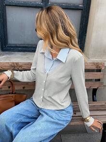 Chiquease Women's Winter Collegiate Style Raglan 2 In 1 Striped Textured Slim Fit Short Collared Single-Breasted Top - Grey - View 6