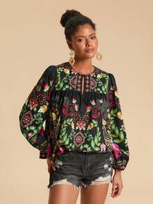 Travachic Women's Vacation Woven Floral Print Keyhole Neck Lantern Sleeve Blouse, Autumn Winter Women, Christmas Party Clothes, New Year Look, Thanksgiving Outfits, Elegant Blouse, Luxury Outfits