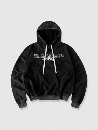 Street Life Sudadera con capucha casual de manga larga con cordón y estampado de letras y pentágrama para hombres