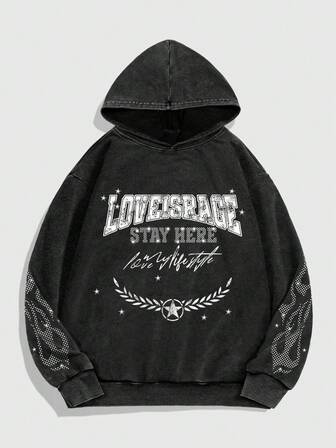 Street Life Felpa con cappuccio da uomo con decorazione di strass e stampa grafica, streetwear