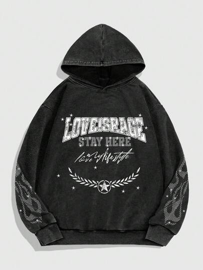 Street Life Men's Rhinestone Decor Printed Graphic Hoodie, Streetwear