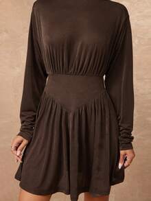 Lumalex VITNOS Women's Elegant Coffee Brown Autumn Boat Neck Ruched Waist & Cuff Long Sleeve Fitted Flare Mini Dress,Dining Party Gala Night Business Casual - Brown - View 7