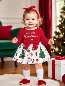 Playful Pals Baby Girl Christmas Letter, Christmas Tree, Santa Claus Print Bow Decor Romper Dress + Headband, Autumn/Winter
