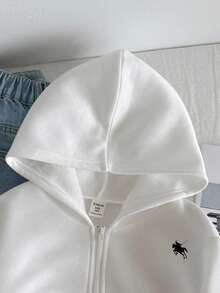 SHEIN Tween Girl Loose Casual Minimalist Comfortable Daily Casual Street Hooded Loose Fitted Pocket Zipper Front Cropped Long Sleeve Sweatshirt Jacket Outerwear, White Back To School - White - View 4