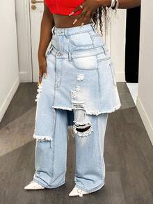 Slaydiva Quần jean denim 2 trong 1 dáng rộng, viền bất đối xứng, size lớn cho nữ - Rửa nhẹ - Xem 3