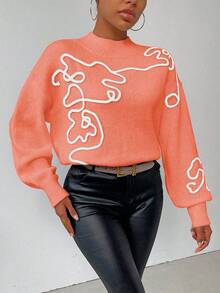 SHEIN LUNE 女式纹理落肩长袖宽松休闲毛衣，秋冬 - 橘色 - 查看 3