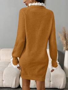 SHEIN LUNE 女式休闲刺绣立领长袖针织连衣裙，秋冬 - 黃色 - 查看 2