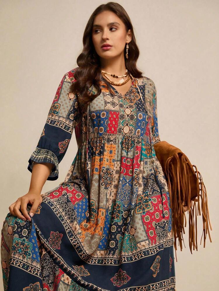 Freevana Vestido Plus Size de Outono e Inverno, Volta às Aulas, Fantasia Plus Size de Halloween, Casual de Negócios Plus Size, Roupas Vintage Plus Size, Roupas de Homecoming Plus Size, Roupas de Outono Plus Size, Estilo Old Money Plus Size, Vestidos Fluidos Plus Size, Roupas Confortáveis de Outono e Inverno Plus Size, Vestido Longo Plus Size, Vestido Longo Plus Size - Multicolorido - Visão 1