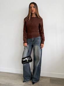 Aloruh Women's Elegant Round Neck Button-Up Long Sleeve Brown Cardigan Sweater,Winter New Knitted Jacket, Casual, Simple And Atmospheric Style, Ribbed Splicing Round Neck Button Design, Brown Solid Color Cardigan - Brown - View 4