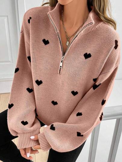 SHEIN Tall Tall Women Heart Pattern Zipper Detail Autumn Winter Casual Sweater