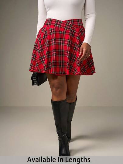 SHEIN Tall CURVE 大码秋装曲线镂空服装女装圣诞女装秋冬新款时尚休闲节日裙裤（内含短裤）圣诞节红色格子裙，交叉腰红色格子裙，带口袋的裙子