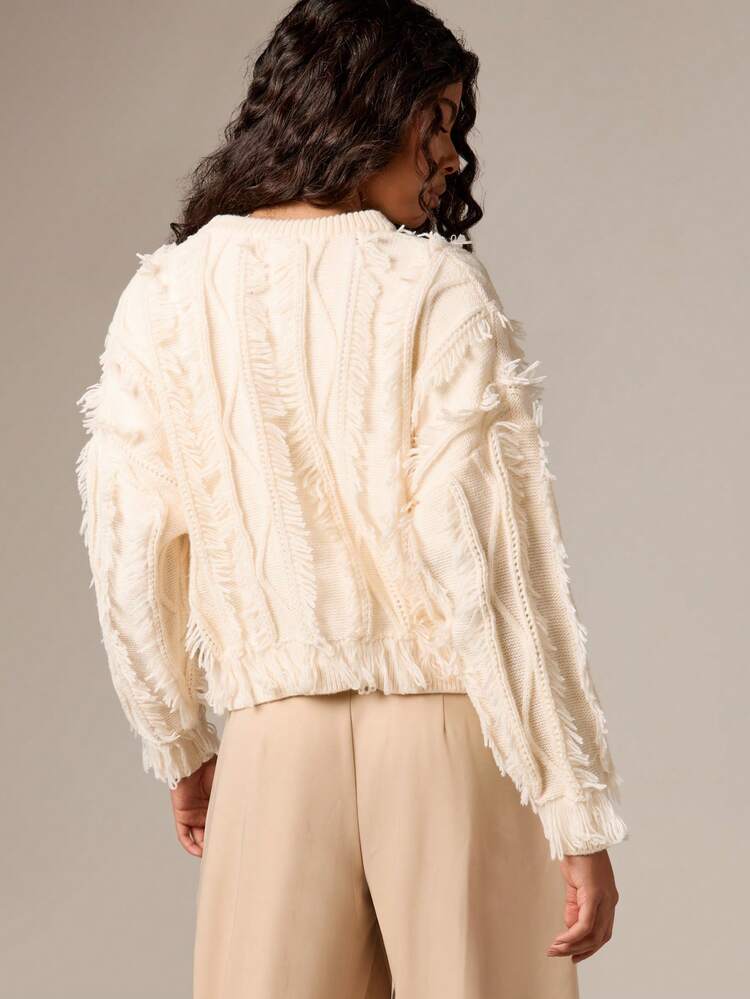 Cable Knit Sweater With Fringe Detail