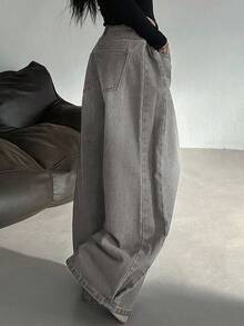 DAZY 女士做旧水洗阔腿牛仔裤 Y2k - 淺灰色 - 查看 2