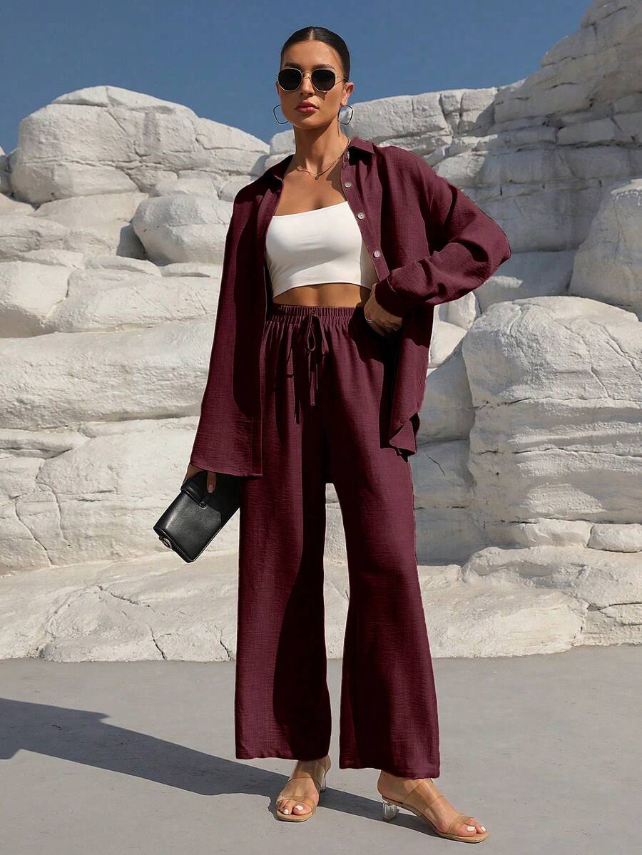 SHEIN LUNE Women's Solid Color Drop Shoulder Long Sleeve Single-Breasted Shirt And Pants Casual 2 Pieces Set - Red - View 1