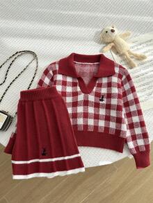 Souflis Souflis 少女格子长袖毛衣和百褶针织裙休闲套装，秋冬 - 酒紅色 - 查看 5