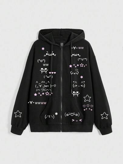 Kawaii Cute Emoticon Print Zip Up Hoodie With Pockets For Women, Pink & Black