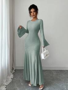 Elenzga 女式优雅弹力修身鱼尾下摆荷叶边袖连衣裙，秋冬 - 灰色 - 查看 7