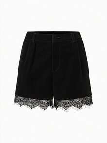 INAWLY مجموعة جاكيت قصيرة وشورت مزينة بالدانتيل الأسود قطعتان