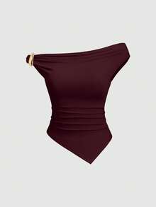 Sweetra Bộ 3 món thời trang Âu Mỹ mùa hè cho nữ, áo thun đơn sắc, viền xoắn kim loại, viền bất đối xứng, thoải mái khi đi làm - Nhiều màu - Xem 4