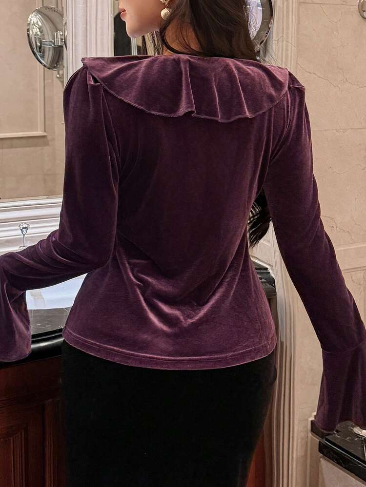 Women's Elegant Solid Color Ruffle Flare Sleeve Blouse, Autumn Long Sleeve Women Going Out Tops Women