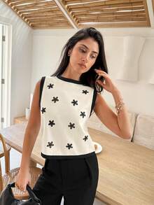 Serisse Women's Black Floral,Summer,Elegant,Brunch Contrast Color Tie-Up Sleeveless Sweater Vest,Embroidery Bow Backless Top,Old Money Business Casual Office - Beige - View 3