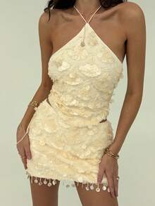 Aloruh Áo hở lưng đính sequin, dây chéo phía sau dành cho nữ, thích hợp cho Giáng sinh, Halloween, tiệc tùng. - Màu be - Xem 4