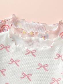 SHEIN 4 件套女婴可爱猫咪图案荷叶边圆领长袖睡衣套装，柔软舒适 - 彩色 - 查看 5