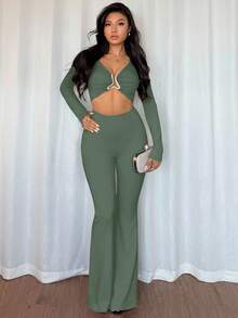 Chiquease Bộ đồ liền thân co giãn cao màu đen gợi cảm dành cho nữ có khóa trang trí kim loại phía trước và giữa, phong cách Âu Mỹ thường ngày - Màu xanh Bạc hà - Xem 3