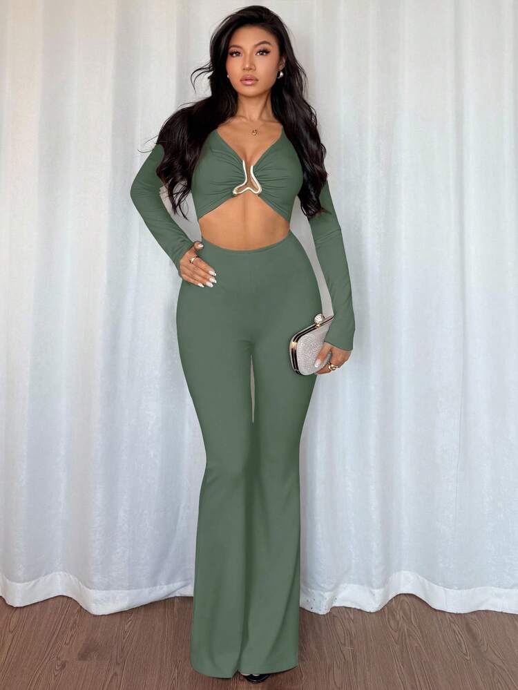 Chiquease 性感女士黑色高弹连体裤，前中部金属装饰扣，休闲欧美风格 - 薄荷綠 - 查看 3