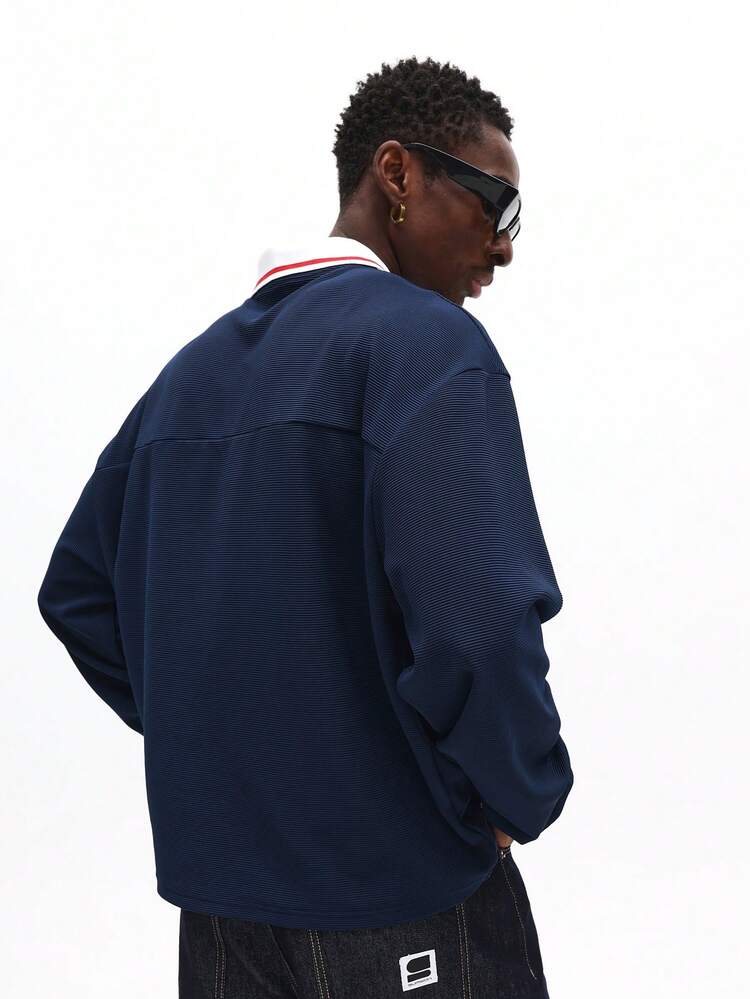 Long Sleeve Textured Boxy Polo