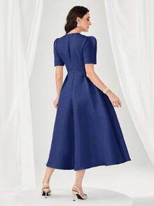 Modelyn Women's Solid Color Round Neck Puff Sleeve Elegant Long Dress - Navy Blue - View 2