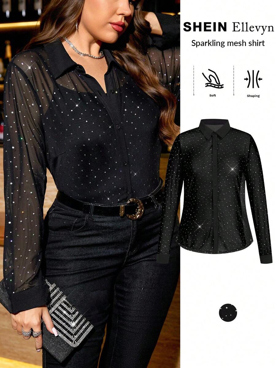 Ellevyn Plus Size Women Sequin & Rhinestone Embellished Long Sleeve Semi-Sheer Elegant Blouse,Black,Autumn,Formal,Evening,Night Out Club Christmas New Year