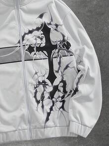 ROMWE MEN Goth 男士春季休闲印花白色韩流秋季休闲时尚街头十字印花撞色拉链立领卫衣，长袖上衣，Y2K - 淺灰色 - 查看 6