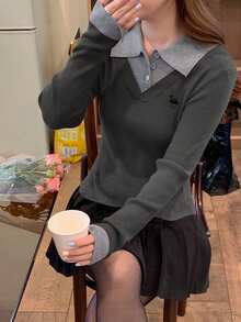 DAZY Patchwork Contrast Color 2 In 1 Embroidered Pattern Long Sleeve Women Sweater - Grey - View 3