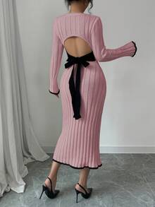 Elenzga Women's Round Neck Long Sleeve Fitted Backless Tie-Up Bow Knitted Dress - Pink - View 2