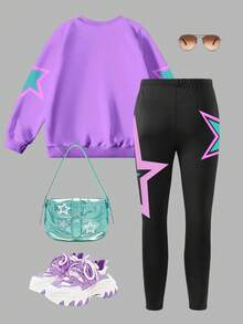 SHEIN Set de 2 piezas con parte superior estampada de KPOP y conjunto de sudadera de cuello redondo y leggings para niña preadolescente, de moda casual, apto para otoño/invierno - Multicolor - Ver 3