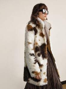 Ontre 2025 Women's Khaki Faux Fur Cow Print Oversized Long Sleeve Lapel Collar Jacket,Brown And White Polka Dot,Winter,Elegant,Date,Old Money Style Coat - Khaki - View 6