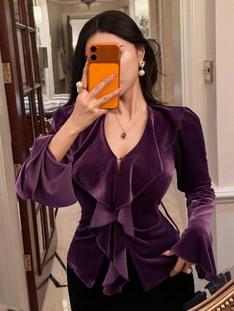 Women's Elegant Solid Color Ruffle Flare Sleeve Blouse, Autumn Long Sleeve Women Going Out Tops Women