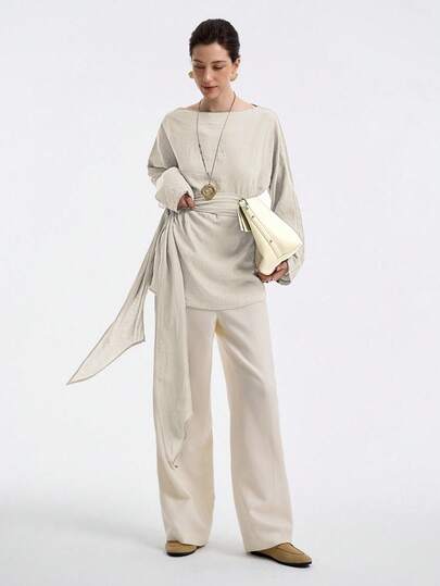 Aalyst Women's Linen Twill Street Style Casual Loose A-Line Waist Tie Long Shirt Blouse With Off Shoulder Sleeve, Suitable For Office, Commute, Vacation, Spring/Autumn/Winter