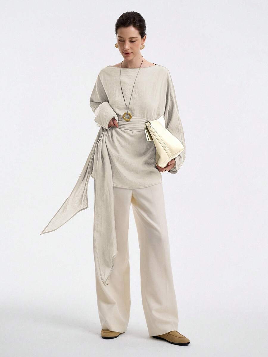 Aalyst 女式亚麻斜纹街头风格休闲宽松 A 字形腰带长衬衫，露肩袖，适合办公室、通勤、度假、春秋冬 - 杏色 - 查看 1