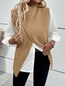 EMERY ROSE Áo len dệt kim cổ đứng viền hở màu trơn cho nữ, mùa thu/đông - Lạc đà - Xem 6