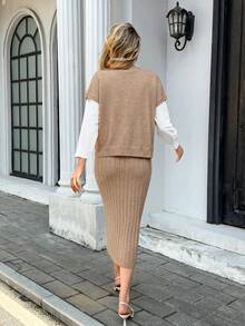 Franclia 2pcs/Set Bohemian Solid Color Top And Skirt Knit Casual Suit - Camel - View 2