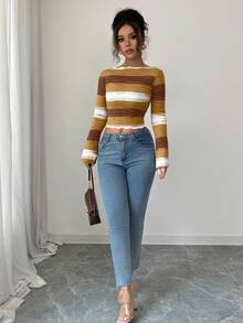 Selianne Elegant Ombre Flare Sleeve Fitted Sweater, Autumn/Winter - Orange - View 6