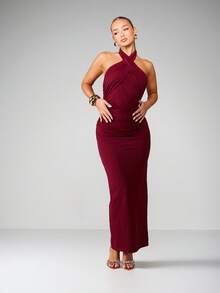 MISSGUIDED Halter Neck Ruched Midaxi Dress Bodycon Evening Party Formal Sleeveless - Burgundy - View 4