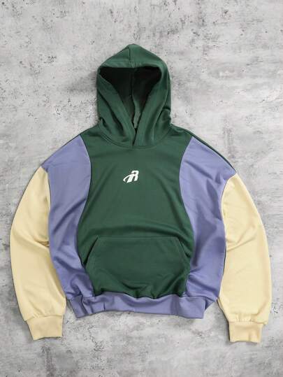 Street Life Sudadera con capucha casual de hombre con parches de colores y bolsillos, otoño