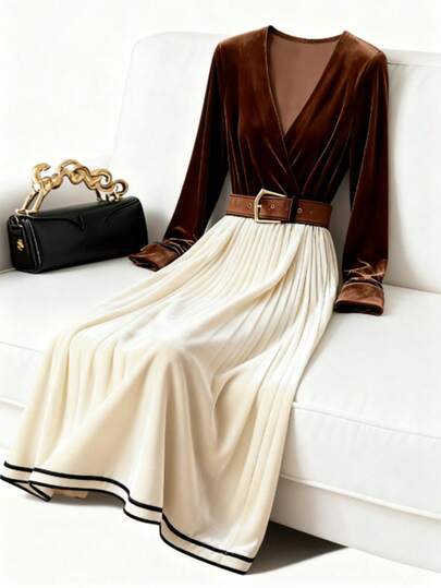 GlowEve Robe maxi en velours à taille cintrée, col V, manches longues, pour femmes. Patchwork abricot et beige, convient pour les déplacements quotidiens