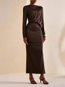 Zivah 20  New Autumn And Winter Styles Casual, Daily, Date, Commuter, Business Lady, Elegant Beach, Cruise, Party, Simple, Internet Celebrity Hit, High-End Party, Round Neck, Hip Pleated, Single Shoulder - Brown - View 5